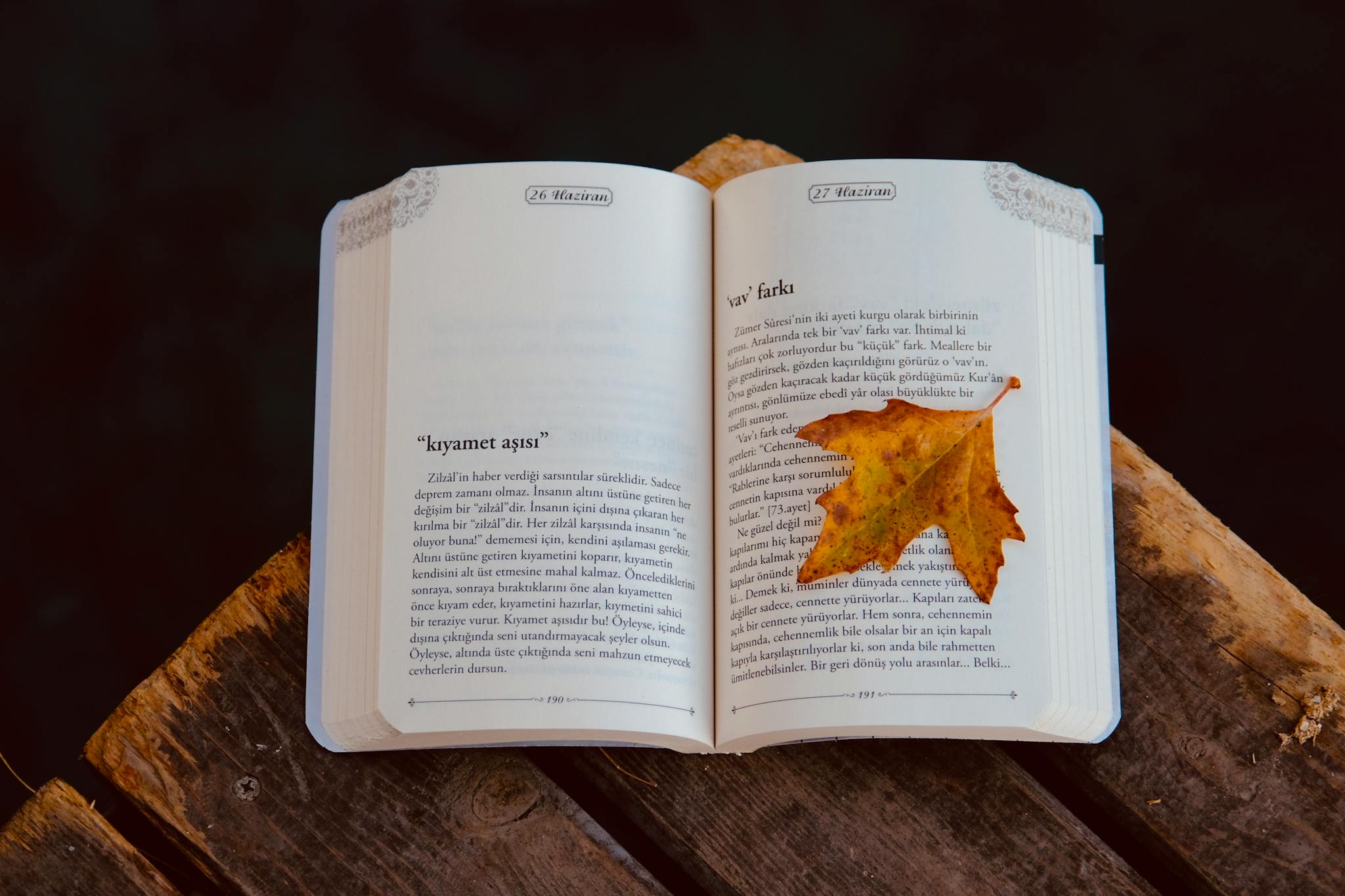 An open book with an autumn leaf rests on a wooden table, evoking a sense of fall and literature.
